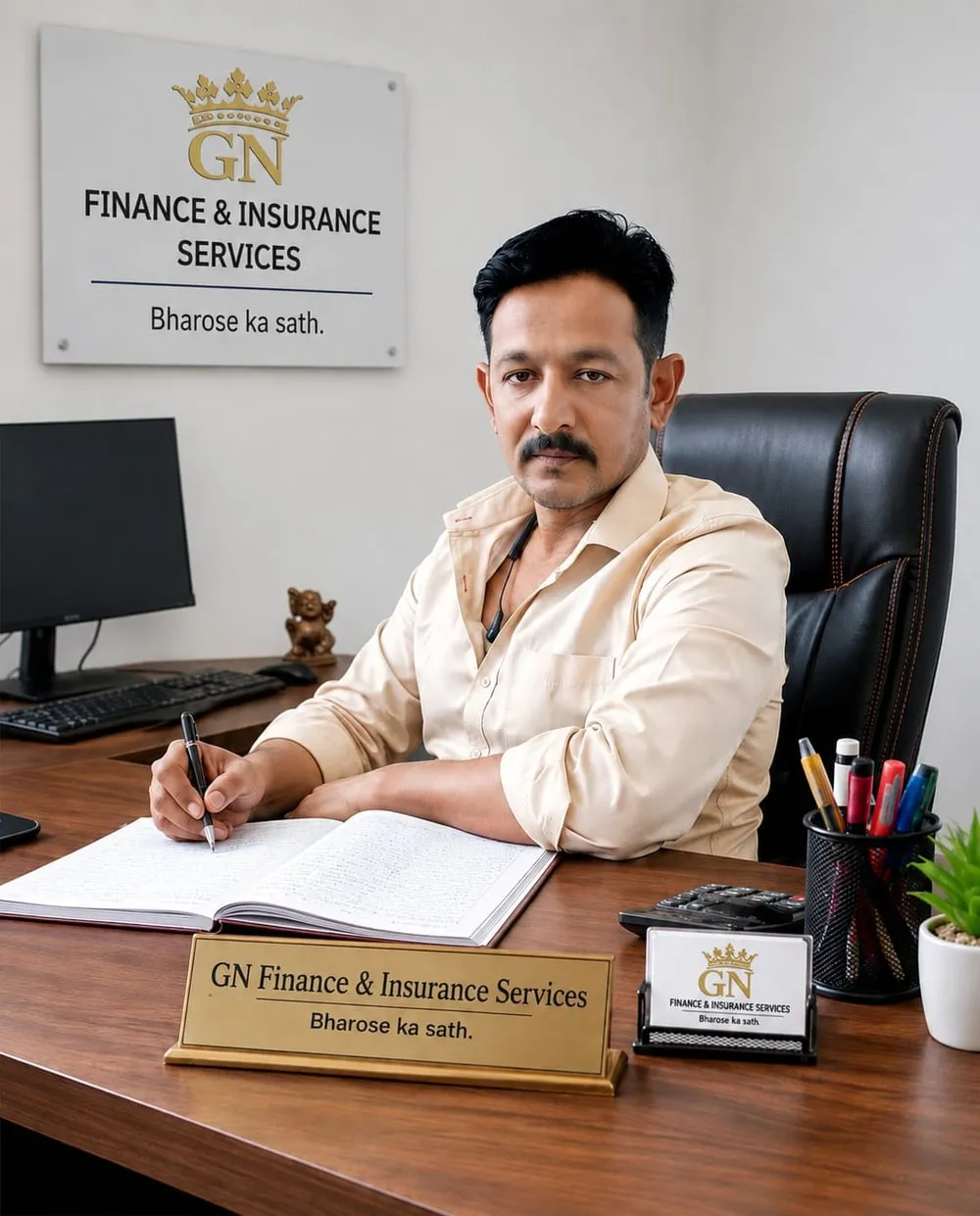 Shammi Khan at his desk in the GN Finance And Insurance Services office in Dewas