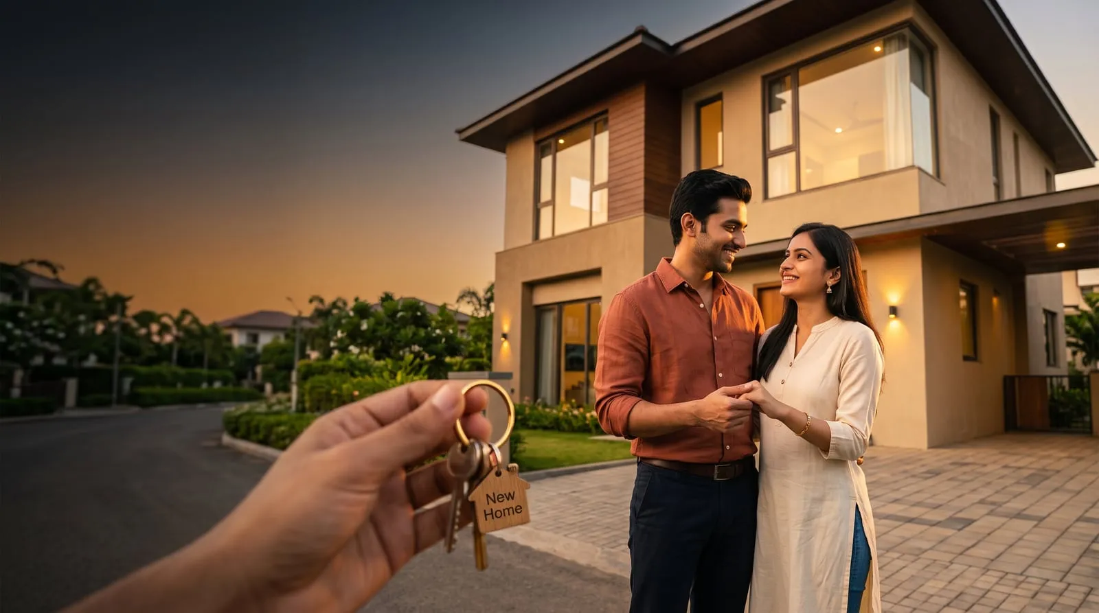 A couple receiving the keys to their new home, bought with a home loan