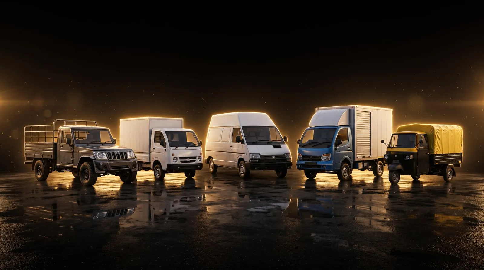 A pickup, a van, a mini truck and an auto rickshaw lined up, the kinds of vehicles we insure in Dewas
